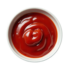 Top view of a small white bowl filled with smooth vibrant red tomato ketchup sauce transparent background