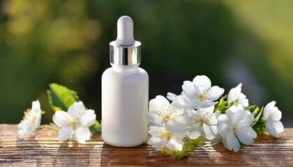 white dropper bottle with silver cap and white flowers on wooden surface
