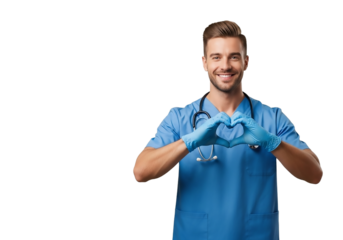 Smiling male doctor or nurse in blue uniform making heart shape with hands, showing love and care for patients isolated on transparent background