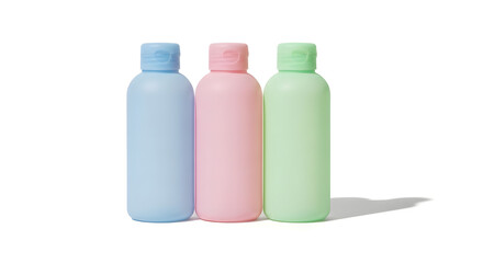 Three pastel-colored plastic bottles in blue, pink, and green on a white background
