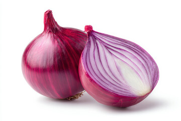 Close-up of a whole and halved red onion against a white background, showcasing its vibrant color and layers.