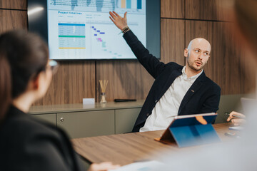 Colleagues engaged in a business meeting, discussing project timeliness displayed on a screen, fostering collaboration and teamwork in a modern office environment.