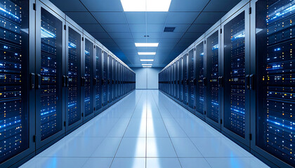 High tech data center with rows of servers, illuminated by blue lights, showcasing modern technology and infrastructure