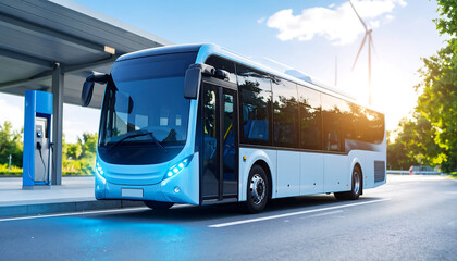 Electric bus with modern design parked at charging station, showcasing eco friendly transportation and renewable energy