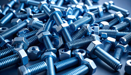 Metal bolts and nuts in vibrant blue color create visually striking composition, showcasing industrial strength and precision