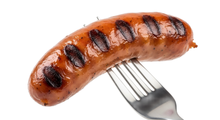 Grilled sausage on a fork isolated on transparent background, a delicious and appetizing closeup of a cooked meat perfect for barbecue