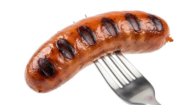 Grilled sausage on a fork isolated on transparent background, a delicious and appetizing closeup of a cooked meat perfect for barbecue