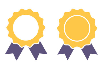 Badge with ribbons icons. Certified blank medal icon. Winning award, prize, medal or badge. Verified medal icon in flat style and. Certified badge symbol, quality sign. Vector illustration. 