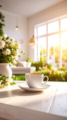 Cozy morning sunlit room with coffee