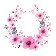Delicate floral wreath in soft pinks and light blues,  a circle of blossoms and leaves