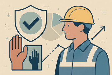 Safety in Construction: An illustration showcasing a construction worker with a helmet, safety icons, and graphs, symbolizing the importance of protection and security in the building trade. 