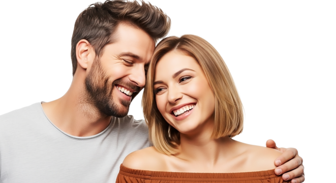 Happy couple in love isolated on transparent background, embracing and smiling, enjoying each others company and feeling affection and joy