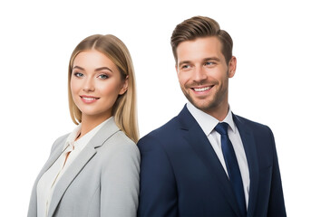 Smiling business people in suits standing back to back isolated on transparent background, symbolizing teamwork, confidence, and success