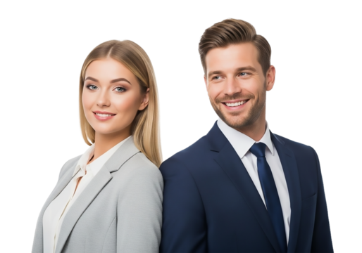 Smiling business people in suits standing back to back isolated on transparent background, symbolizing teamwork, confidence, and success