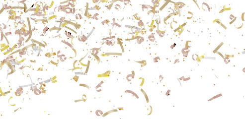 High-resolution image of gold and rose gold confetti falling on white background. Perfect for celebrations, parties, and festive designs.