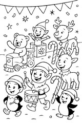 Cheerful Christmas Parade with Elves, Reindeer, a Penguin, and Toys - Festive Holiday Coloring Page for Kids