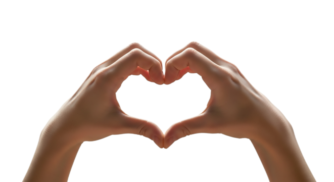 Hands forming a heart shape isolated on transparent background, symbolizing love, care, and affection in a simple and elegant gesture