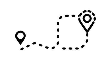Black route with dotted line connecting two location pin icons on a white plain background view drawing