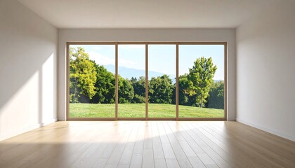 Fototapeta premium Empty room with large windows overlooking a landscape