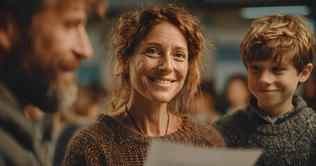 Female Teacher Giving School Test Results of Elementary School Boy to His Mother. Teacher Praising Student for Excellent Academic Performance and Behavior. Parents Evening to Support Child's Learning.