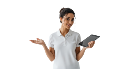 A smiling woman holding a tablet and gesturing with her hand isolated on transparent background, showcasing modern technology and connectivity