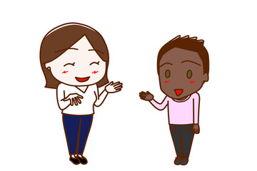 （全身斜め）女性と笑顔で楽しく会話するアフリカ系少年