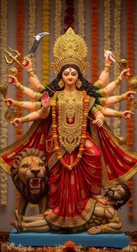 Vertical Durga Mata Idol with Festive Floral Background &ndash; Navratri Commercial Use Mobile wallpaper