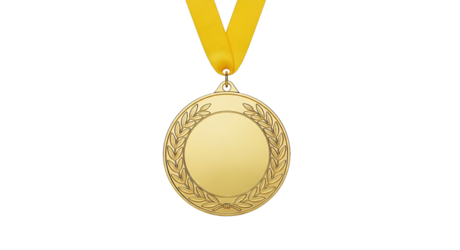 A gleaming gold medal with a yellow ribbon, symbolizing achievement, success, and victory in sports isolated on transparent background