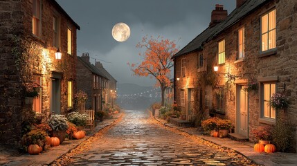 Haunted pumpkin festival old village spooky night scene candlelit streets ghostly atmosphere halloween mystery with coffee bean treats