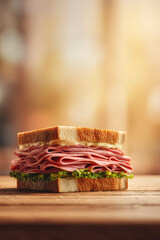 Classic sandwich stacked with sliced meat, fresh lettuce, and creamy mayonnaise on a wooden table.