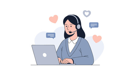 Customer service representative with headset working on laptop, online support concept, white background