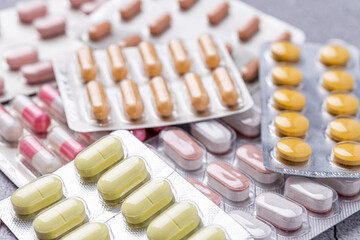 Variety of medicines and drugs.Medicine and healthcare concept.Variety of medicines and drugs.Medicine and healthcare concept.Pill for the prescription and treatment various diseases chemistry
