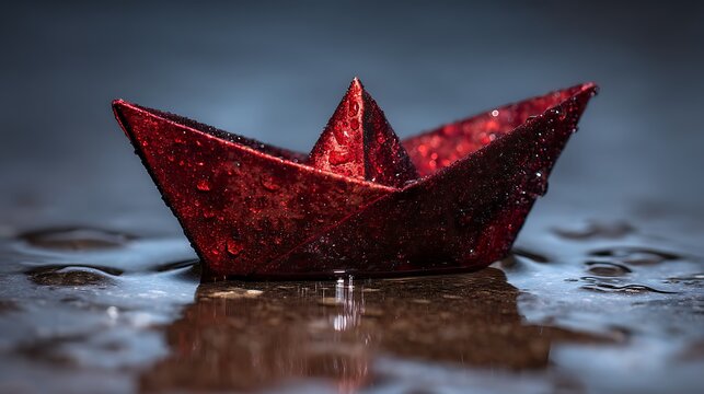 Closeup of a Red Paper Boat Floating on Water Drops with Reflection.