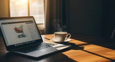 Laptop on desk shows a shopping cart; cup and sunlight
