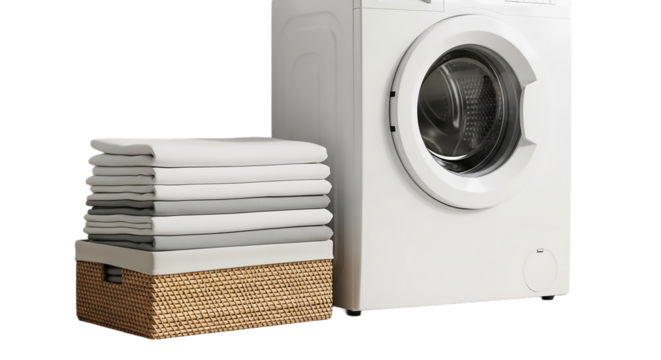Washing machine and laundry basket with folded clothes isolated on transparent background, representing cleanliness, domestic chores, and modern convenience