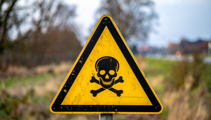 Yellow triangular warning sign with skull and crossbones symbol. Hazard, safety alert. Toxic, deadly