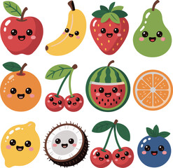 Kawaii fruit characters with happy faces and cute expressions