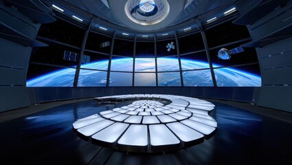 Interior view of a space station with earth view and satellite outside window