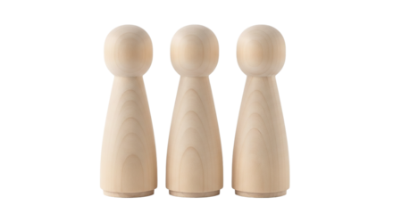 Three wooden peg dolls isolated on transparent background, perfect for craft projects, handmade decorations, and miniature art designs