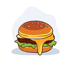 cheeseburger with melted cheese lettuce and beef patty cartoon illustration