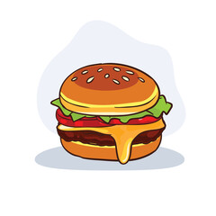 tasty cheeseburger with grilled patty lettuce tomato and sesame bun food vector design in cartoon style