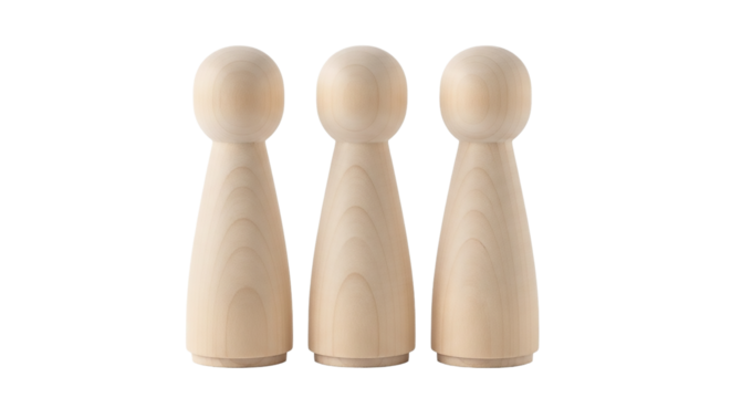 Three wooden peg dolls isolated on transparent background, perfect for craft projects, handmade decorations, and miniature art designs