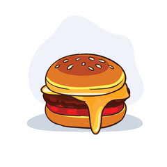 cheeseburger with melted cheese tomato and beef patty. Flat vector cartoon illustration