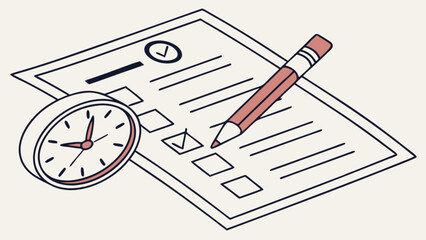 Illustration of a checklist with a checkmark, a pencil, and a clock representing time management skills