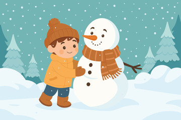 Child building snowman in winter forest. Kid playing with snow figure outdoors. Boy making snow sculpture