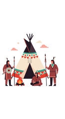 Native american village scene with teepees and fire for gathering