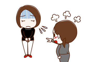 （複数）真っ青になって謝罪する女性とカンカンに怒りながら怒鳴り責めるスーツ姿の女性