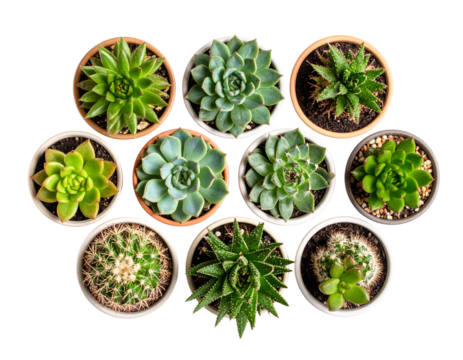  Assorted Succulent Plants Arranged in Round Pots, Top-Down Flat Lay, isolated on transparent background