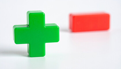 Bright green plus and red minus 3D icons. Minimalistic design. Isolated on white backdrop.