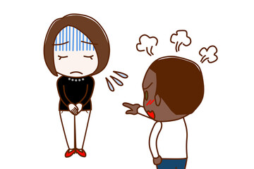 （複数）真っ青になって謝罪する女性とカンカンに怒りながら怒鳴り責めるアフリカ系男性